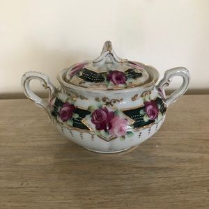 VINTAGE HAND PAINTED ROSES/BEADED SUGAR BOWL